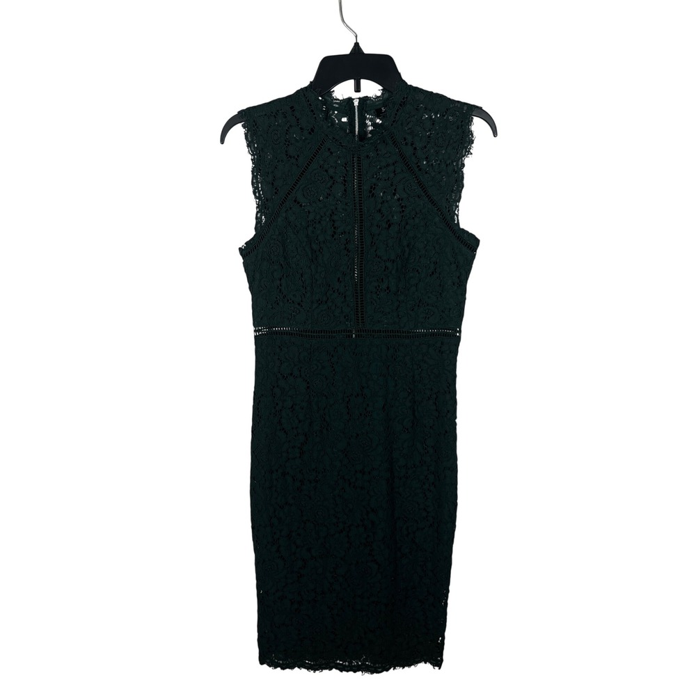 Bardot Lace Sheath Dress Womens 6 Green Floral Crochet Trim Lined Midi Cocktail